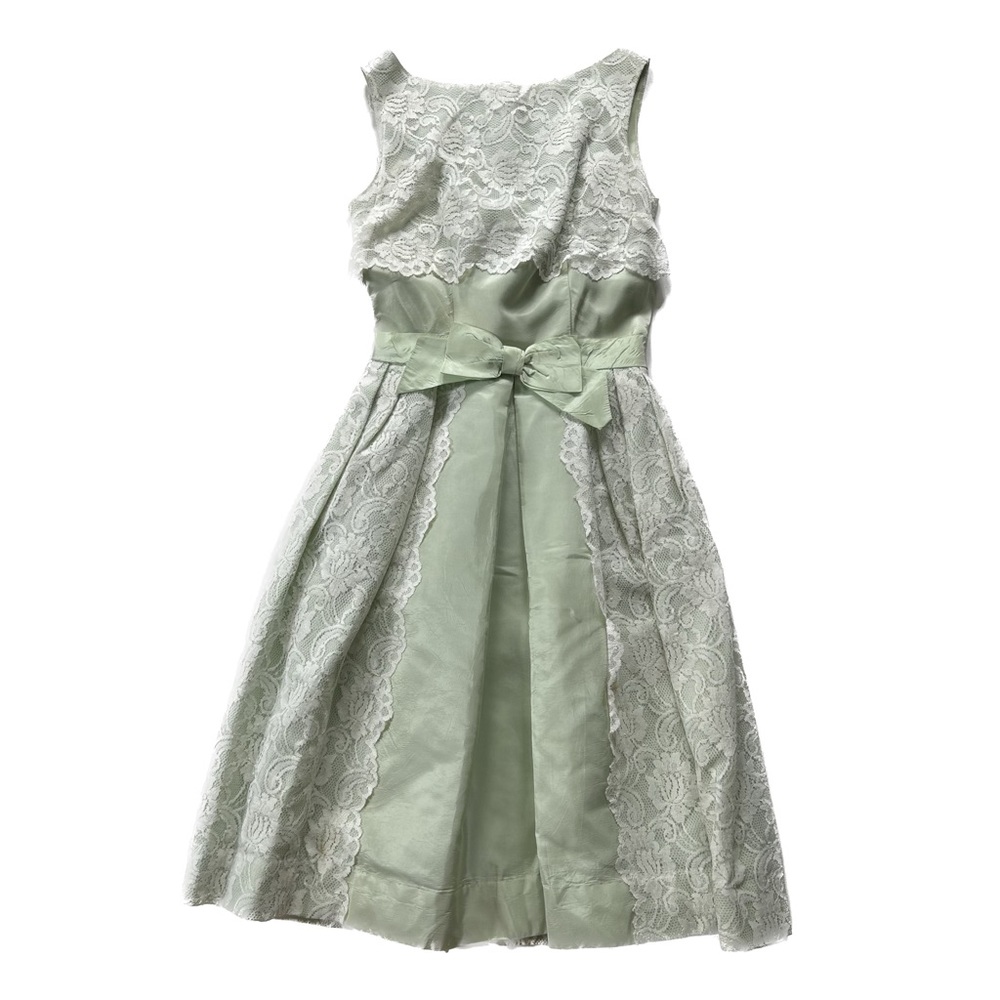 Vintage 1950s Light Sage Green White Lace Overlay Sleeveless Pleated Dress